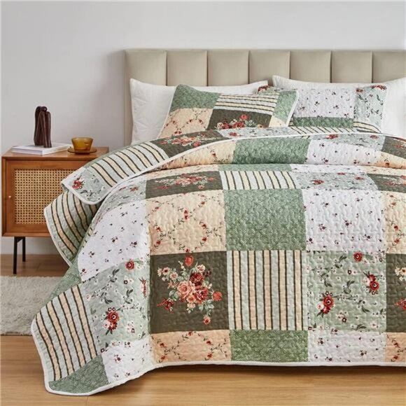 Quilt Set Full/Queen Size, 3 Pieces Green Floral Plaid Summer Bedspread - Picture 3 of 7